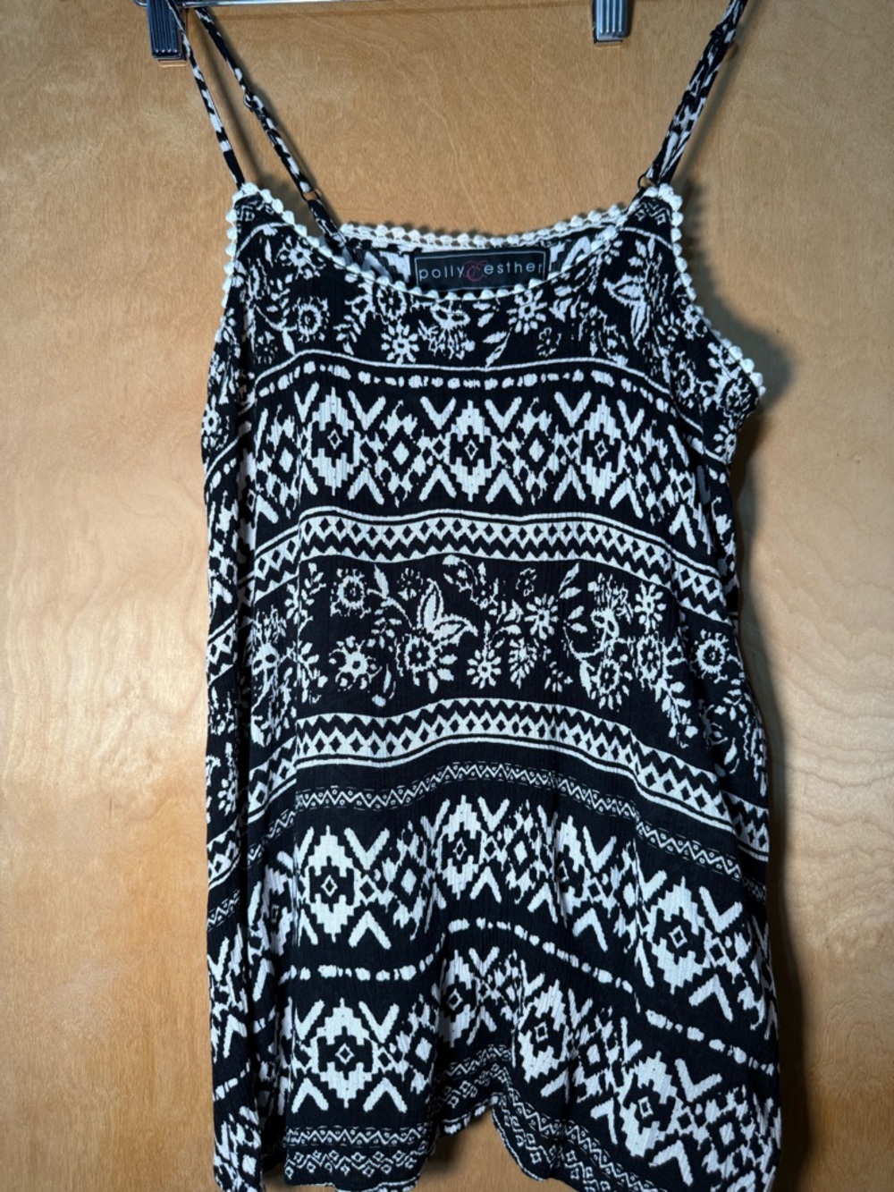 Polly & Esther Black and White Crochet-Trim Blouse